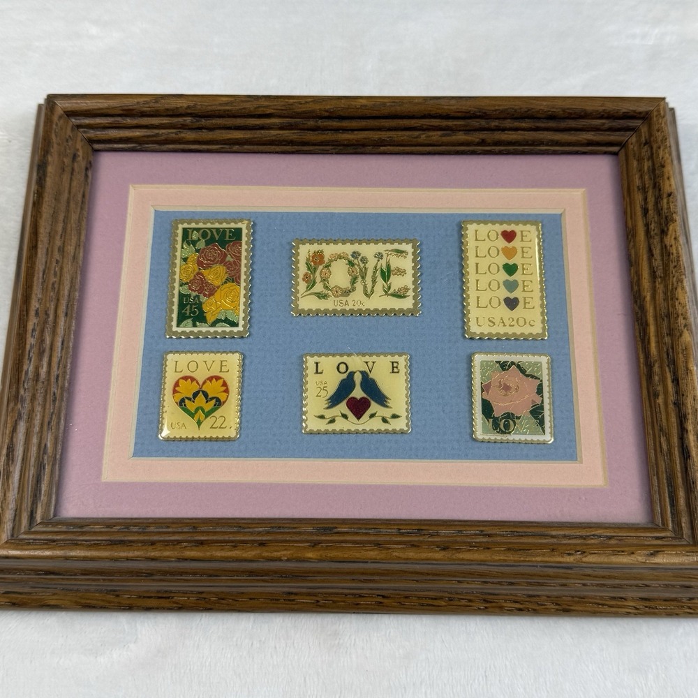 Vintage USPS LOVE Stamp Enamel Pin Set 6 Framed Matted Postal Collectible